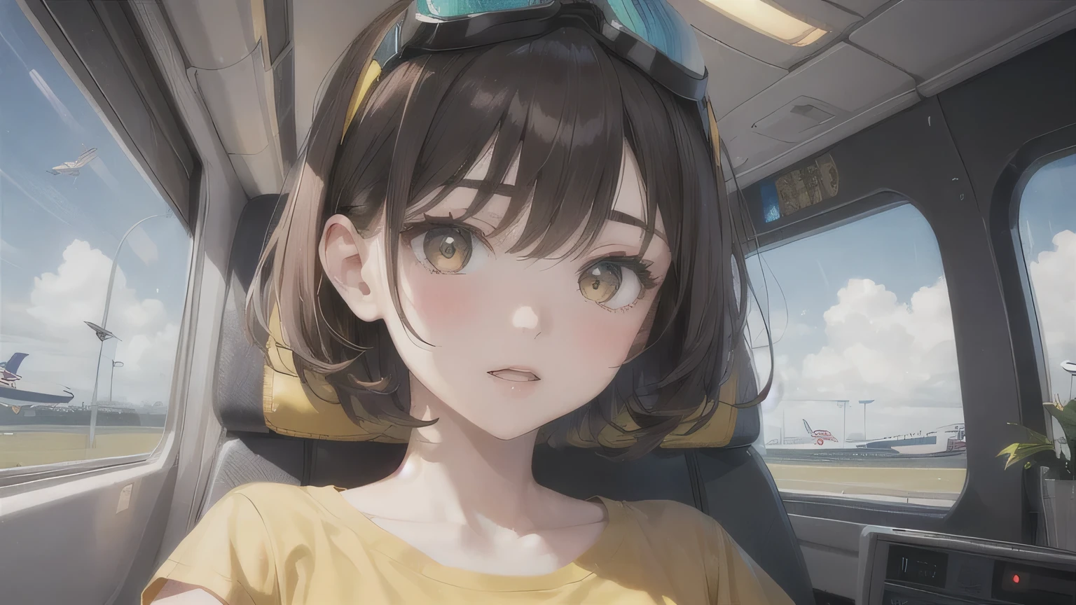 Brown Hair、One Girl,20-year-old,Beautiful Face,Upper Body、Sharp focus,Yellow T-shirt、short hair、Flying Goggles、Brown eyes、plane