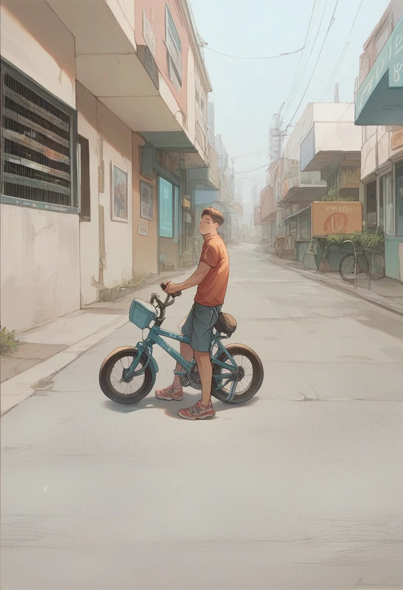 ((Masterpiece), (Detailed)) A boy riding on a Futuristic bicycle and holding gun in this left hand in The Futuristic Neon World