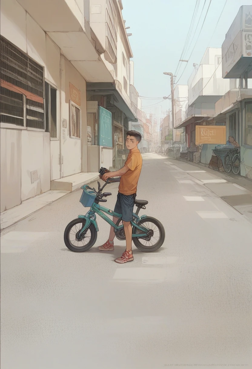 ((Masterpiece), (Detailed)) A boy riding on a Futuristic bicycle and holding gun in this left hand in The Futuristic Neon World