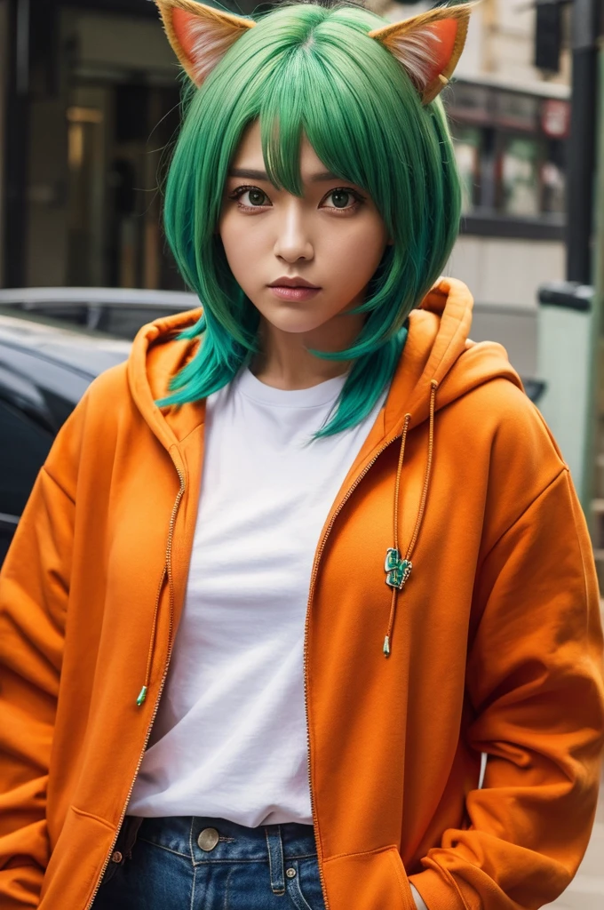 Green Hair　Bob Hair　Cat ear　Confused eyes　Orange Hoodie　Navy Blue Blazer