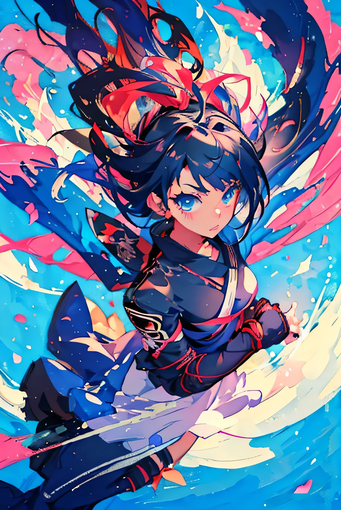One Girl、Ninja、Comic style、Anime-style illustrations、Ninjaの服装、cool、cute、Beautiful Face、Tying hair with a red ribbon、Beautiful sky blue hair、Holds three shuriken in hand、Holding a shuriken next to his face、Portrait、Watercolor、colorful、Brush-painted art、Blue Eyes、