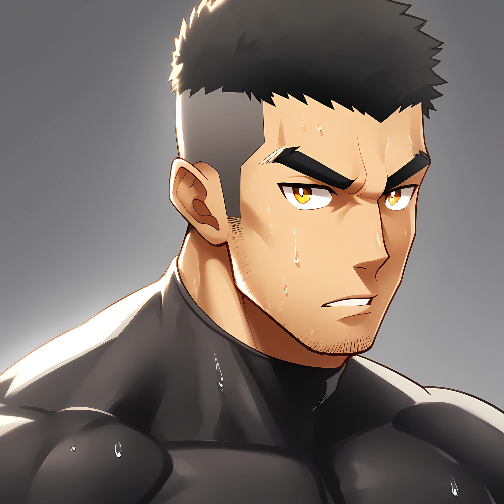 anime characters:Gyee, Deep black skin, Muscle Sports Student, 1 muscular tough guy, Manliness, male focus, Close-up of the side, Light yellow high collar long sleeve tight T-shirt, Very tight, The clothes were soaked with sweat, The pectoral muscles are oversized, Slightly transparent, muscular male, muscular, only, Upper body, alone, Black short hair, Thick eyebrows, stubble, Yellow eyes, Grey background, simple background, amazing quality, best aesthetics, Ridiculous, bright pupils, crew cut, parted lips, v-shaped eyebrows, jitome, disdain, drop shadow, best quality