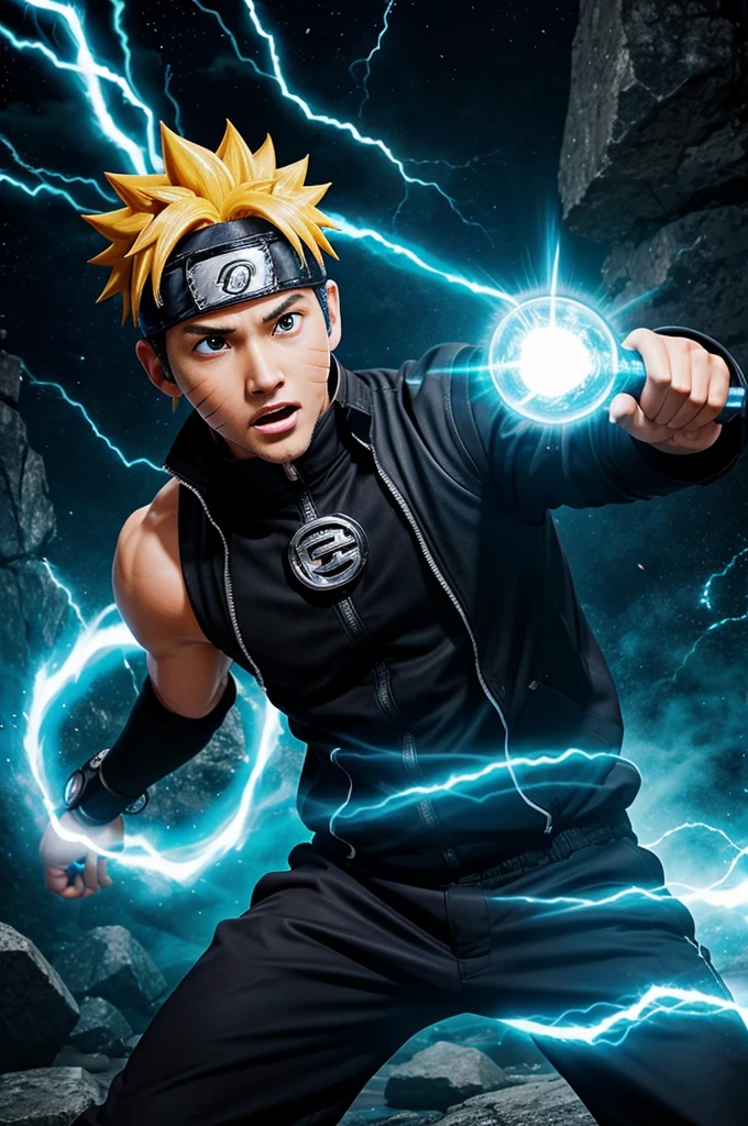 "Naruto fiercely unleashing his Rasengan, illuminating the scene with a swirling blue energy"