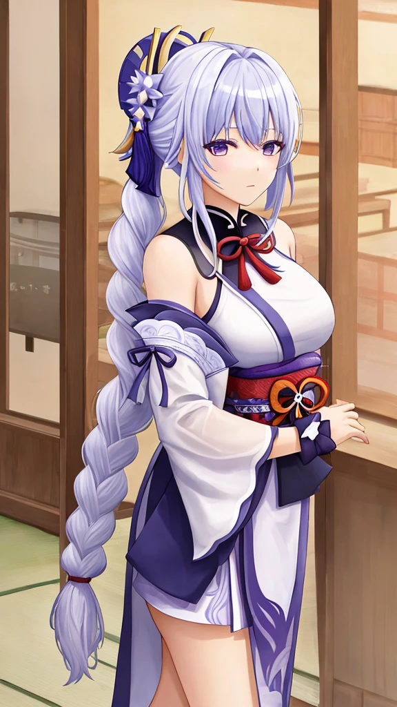 (masterpiece), hdr, proud mood,cleavage yamato, earrings, hair stick, bare shoulders, japanese clothes, kimono, rope, sleeveless kimono, shimenawa, high ponytail, looking at viewer, lightning effect, bathing, room, indoors, ass, big ass, big breasts