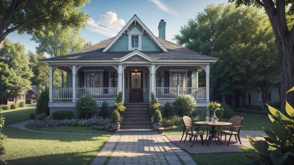 summer time victorian house with big screen in windows big screen in porch with chairs and a table with lemonade, facing a lovely lanscape a digital rendering inspired by Terry Redlin, shutterstock, digital art, sunny day, summer setting, summer cottage aand peaceful atmosphere, outside on a summer day, cozy safe place, atmosphere hot lighting , cozy wallpaper, fun atmosphere, summer night, warm beautiful scene calm