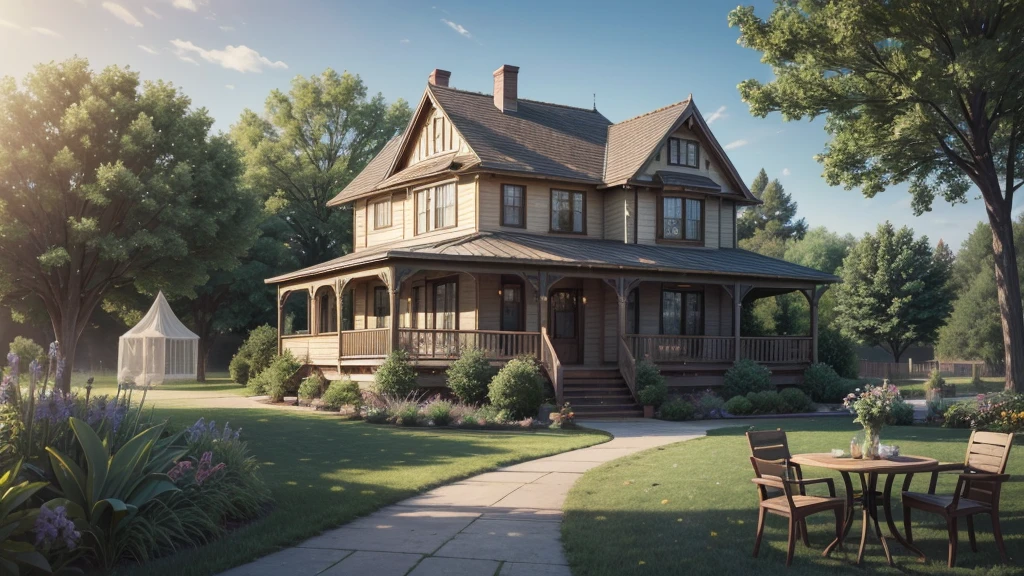 summer time victorian house with big screen in windows big screen in porch with chairs and a table with lemonade, facing a lovely lanscape a digital rendering inspired by Terry Redlin, shutterstock, digital art, sunny day, summer setting, summer cottage aand peaceful atmosphere, outside on a summer day, cozy safe place, atmosphere hot lighting , cozy wallpaper, fun atmosphere, summer night, warm beautiful scene calm