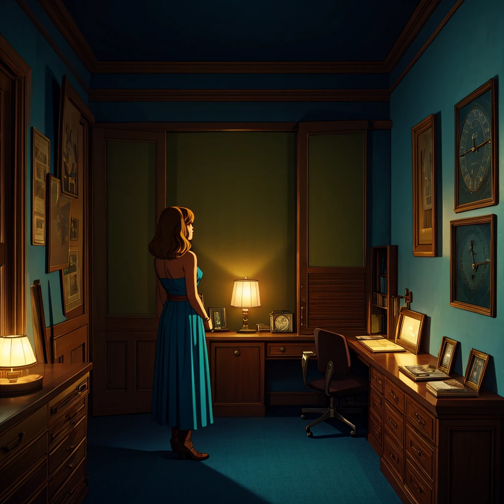 1970s, room full of clocks, cinematic action, masterpiece, super detail, textured skin, atmospheric perspective,