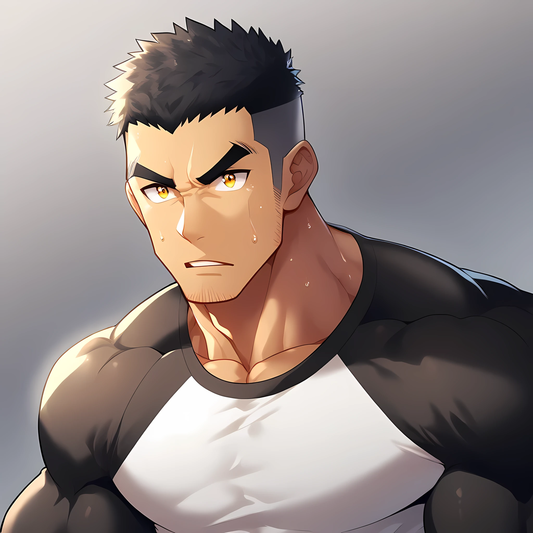 anime characters：Gyee,  Deep black skin, Muscle Sports Student, 1 muscular tough guy, Manliness, male focus, Close-up of the side, Light yellow high collar long sleeve tight T-shirt, Very tight, The clothes were soaked with sweat, The pectoral muscles are oversized, Slightly transparent, muscular male, muscular, only, Upper body, alone, Black short hair, Thick eyebrows, stubble, Yellow eyes, Grey background, simple background, amazing quality, best aesthetics, Ridiculous, bright pupils, crew cut, parted lips, v-shaped eyebrows, jitome, disdain, drop shadow, best quality