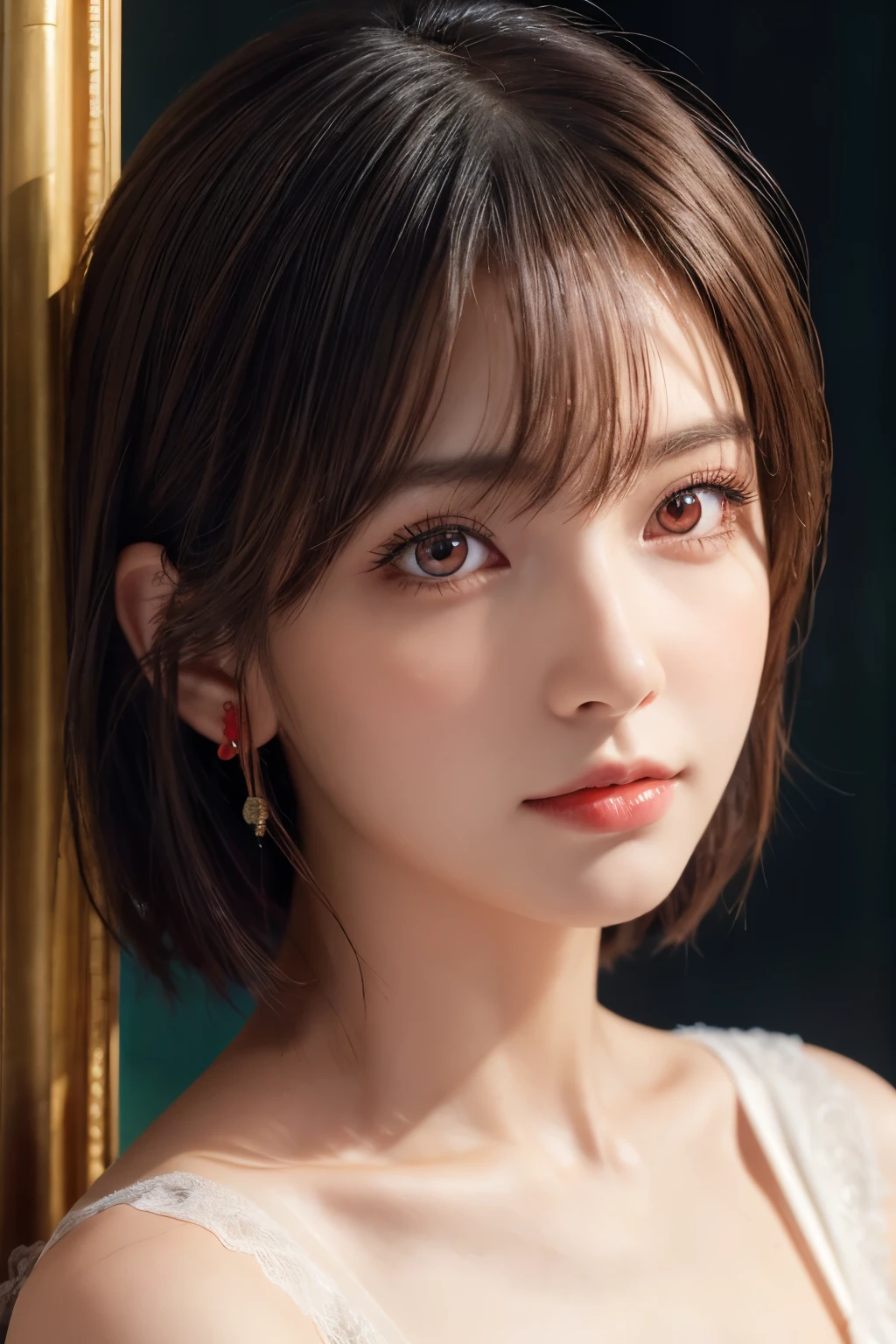 ((upper Shot))、(Photoreal Stick:1.2)、8K UHD、hight resolution、(1girl in)、in her 20s、(looking at view)、(Red-haired), (Bery short hair)、(smil)、(High quality shadows)、Detail Beautiful delicate face、Detail Beautiful delicate eyes、Pretty Kpop Girl、(Korean Urzan Face)、(ulzzang -6500-v1.1:0.6)、pureerosface_v1、gloweyes、perfectbody、 Incredible dynamic range photography(UTIL_Art by Smoose-768:1.1), teak、Bright red lipstick、Glossy lips、(a choker)、((Brown eyes))、((Beautiful Finger))、 (Silver Accessories)、Shiny hair、Description beautiful delicate hair、(Lustrous skin)、(Black see-through dress)、(corsets)、(evening)、(Dim concrete ruins)、(huge window)、The curtains are swaying with the wind coming in through the broken windows、A girl is in the light coming in from the window、a lot of vases and withered flowers around,、