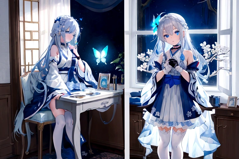 (俯瞰figure),Dynamic Angle,Super detailed, figure, close, Straight, One girl, (Fantasy:1.4), (blue eyes:1.233),Her eyes shone like dream-like stars,(Glowing Eyes:1.233),(Beautiful and detailed:1.1),(Silver Hair:1.14),(Messy Hair,Very long hair,French Braid,Hair between the eyes,Side Lock), (+(Blue Hair Flower:1.14)),(Chiffon dress,blue floral pattern on uniform)/=(uniform:1.24),(Removable sleeves,Wide sleeves),(Fingerless gloves),choker,(Shrine Maiden Knee Socks),High heel boots,(Expressionless,Mouth closed),(Are standing), (In the white ancient palace、Classic princess bedroom with dressing table and French windows),(White flower,bloom),(Deep Sea),(water flowing),(Dull Blue World Tree:1.14),(Remains),(night:1.2),dream-like,soul,(fluorescence),(Flying translucent blue butterfly:1.15), [[Delicate fingers and hands:0.55]::0.85],(Finger details),(Soup packets:0.5),