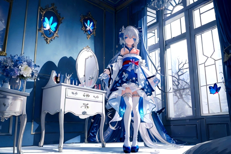 (俯瞰figure),Dynamic Angle,Super detailed, figure, close, Straight, One girl, (Fantasy:1.4), (blue eyes:1.233),Her eyes shone like dream-like stars,(Glowing Eyes:1.233),(Beautiful and detailed:1.1),(Silver Hair:1.14),(Messy Hair,Very long hair,French Braid,Hair between the eyes,Side Lock), (+(Blue Hair Flower:1.14)),(Chiffon dress,blue floral pattern on uniform)/=(uniform:1.24),(Removable sleeves,Wide sleeves),(Fingerless gloves),choker,(Shrine Maiden Knee Socks),High heel boots,(Expressionless,Mouth closed),(Are standing), (In the white ancient palace、Classic princess bedroom with dressing table and French windows),(White flower,bloom),(Deep Sea),(water flowing),(Dull Blue World Tree:1.14),(Remains),(night:1.2),dream-like,soul,(fluorescence),(Flying translucent blue butterfly:1.15), [[Delicate fingers and hands:0.55]::0.85],(Finger details),(Soup packets:0.5),