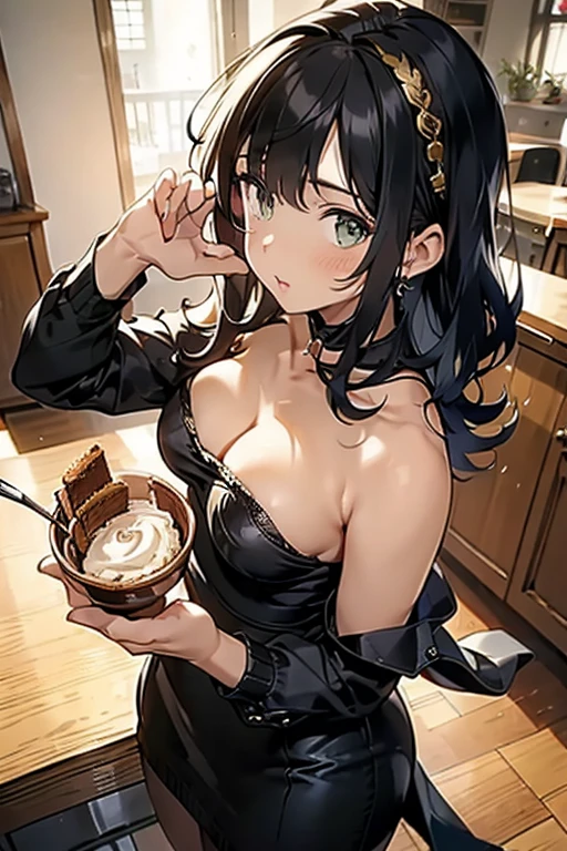 (Small breastss:1.3), (Firm breasts:1.1), (Pointed Chest:1.0), (Pudding cake magazine cover:1.3),(From above:1.0),(From the side:0.9),masterpiece, One girl, Great cleavage:1.1, Narrow waist, BIG ASS, Raised to be sexy, Small breasts: 1.3, Posing and showing off cleavage:1.2、alone, Open your mouth, cute beer glass cute grass,Black Hair, Dark green eyes, dress, Exposing shoulders, jewelry, clavicle, Side Lock, hair band, Earrings, indoor, Off the shoulder, sweater, Put your arms behind your back, plant, short hair and long locks, gild hair band, sweater dress:1.2, off-shoulder sweater, red sweater, Dark Gorgeous Hair, Big side hair, Very long side hair,Rendered (masterpiece: 1.2, highest quality), and (Ultra-high resolution) And exquisite (Depth of written boundary). This masterpiece is not only visually stunning but also tells,Cooking in the classroom kitchen ,View Viewer,