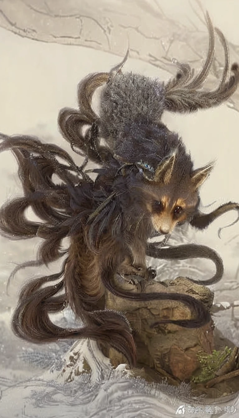 There is a beast in the mountains，Very long hair，A fantasy mythical creature that looks like a raccoon cat, shrike, (best quality，4K，8K，High level，masterpiece：1.2），Ultra Detailed，（lifelike，Photo real，Photo real：1.37），Highly detailed animals，Complex patterns，Realistic lighting，Fantasy Creatures