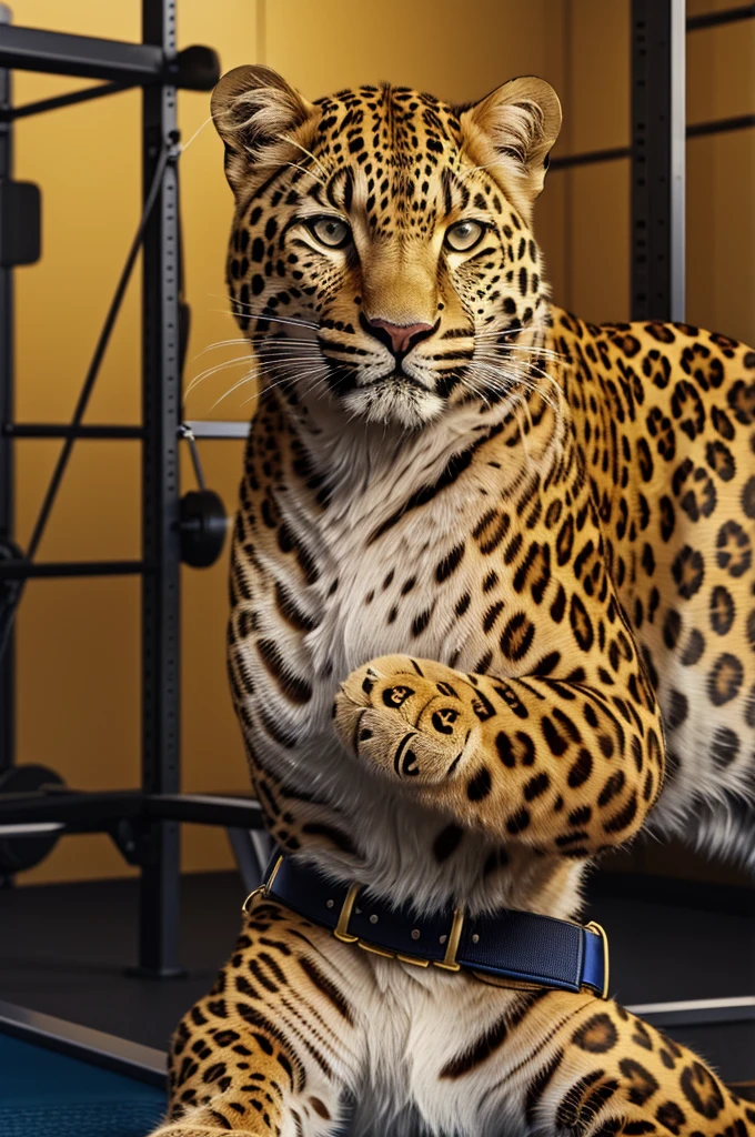 ridiculed,4k, actual, high detail, super detailed, leopard,juvenile,golden fur,strong body,sportswear,look at the screen,Get ready for a fight,The background is the school gym.,individual。