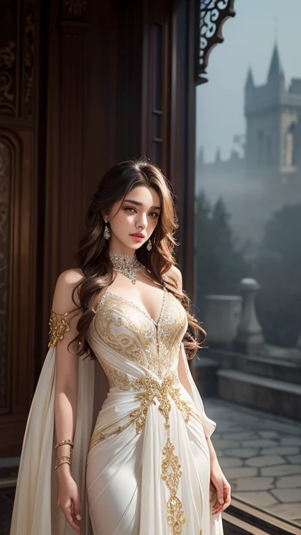 A beautiful attractive woman with long, wavy brown hair, dressed in a low-cut, elegant white and gold gown with intricate silver embellishments. She wears a delicate lace choker and ornate, dangling earrings. The scene captures her in an elegant pose, depicted in a medium long shot with a soft, dreamy effect. The background features a majestic, outside ancient castle shrouded in a mystical fog, adding to the enchanting atmosphere.