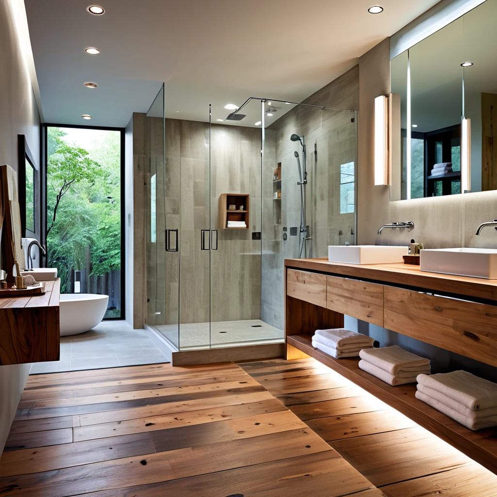 Design a sleek and modern bathroom with a minimalist aesthetic. The bathroom features a large glass-enclosed shower with a rainfall showerhead. The vanity area includes a long wooden countertop with dual sinks and a large mirror above it. The room is illuminated by recessed lighting, creating a bright and clean atmosphere. The flooring is a combination of wood and tiles, adding warmth to the space.