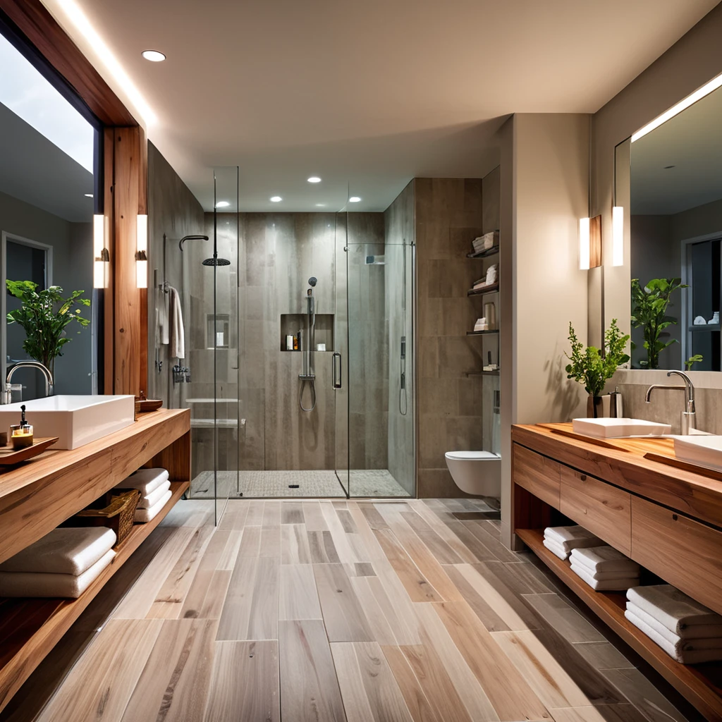 Design a sleek and modern bathroom with a minimalist aesthetic. The bathroom features a large glass-enclosed shower with a rainfall showerhead. The vanity area includes a long wooden countertop with dual sinks and a large mirror above it. The room is illuminated by recessed lighting, creating a bright and clean atmosphere. The flooring is a combination of wood and tiles, adding warmth to the space.