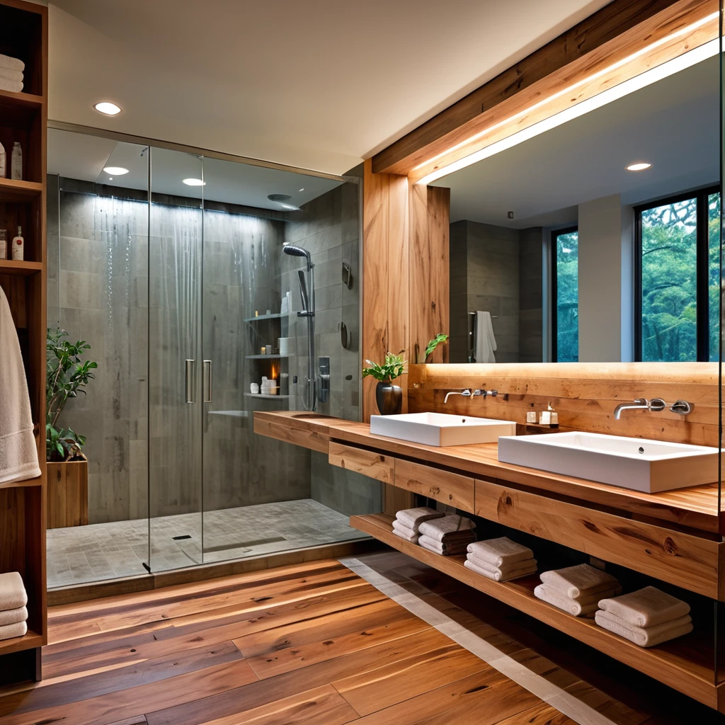 Design a sleek and modern bathroom with a minimalist aesthetic. The bathroom features a large glass-enclosed shower with a rainfall showerhead. The vanity area includes a long wooden countertop with dual sinks and a large mirror above it. The room is illuminated by recessed lighting, creating a bright and clean atmosphere. The flooring is a combination of wood and tiles, adding warmth to the space.