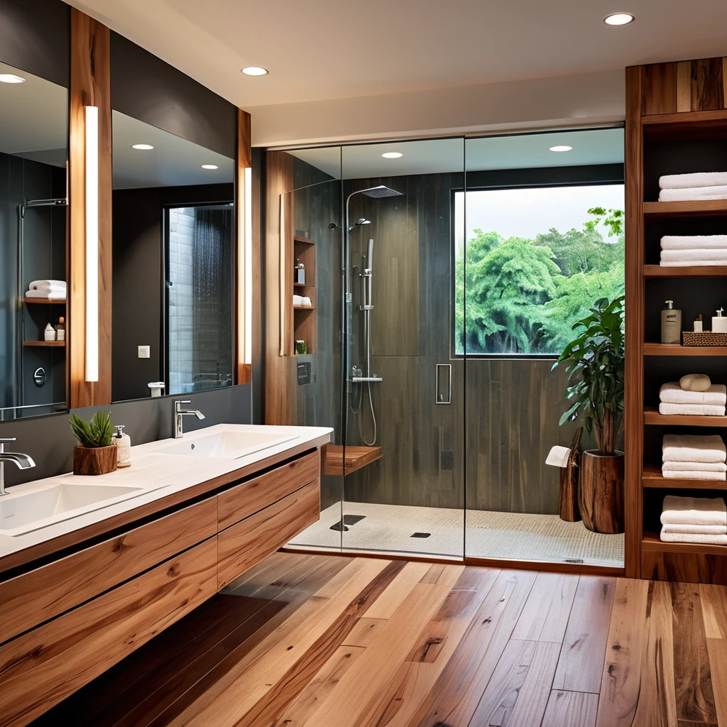 Design a sleek and modern bathroom with a minimalist aesthetic. The bathroom features a large glass-enclosed shower with a rainfall showerhead. The vanity area includes a long wooden countertop with dual sinks and a large mirror above it. The room is illuminated by recessed lighting, creating a bright and clean atmosphere. The flooring is a combination of wood and tiles, adding warmth to the space.