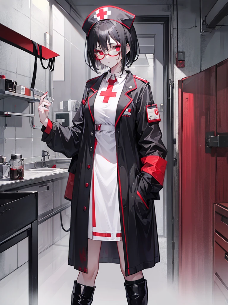 Anime Surgical nurse wearing a bouffant cap surgical mask a face shield and black  latex gloves holding a jar of formaldehyde all of her ppe is bloody has red eyes