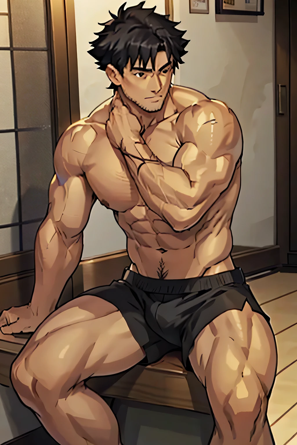 Kiritsugu is sitting and flexing his buff biceps and thighs. He wears black short boxershorts. You can see his thighs completely. He is shirtless. He is showing his abs too. He is admiring his arms. He has a huge bulge.