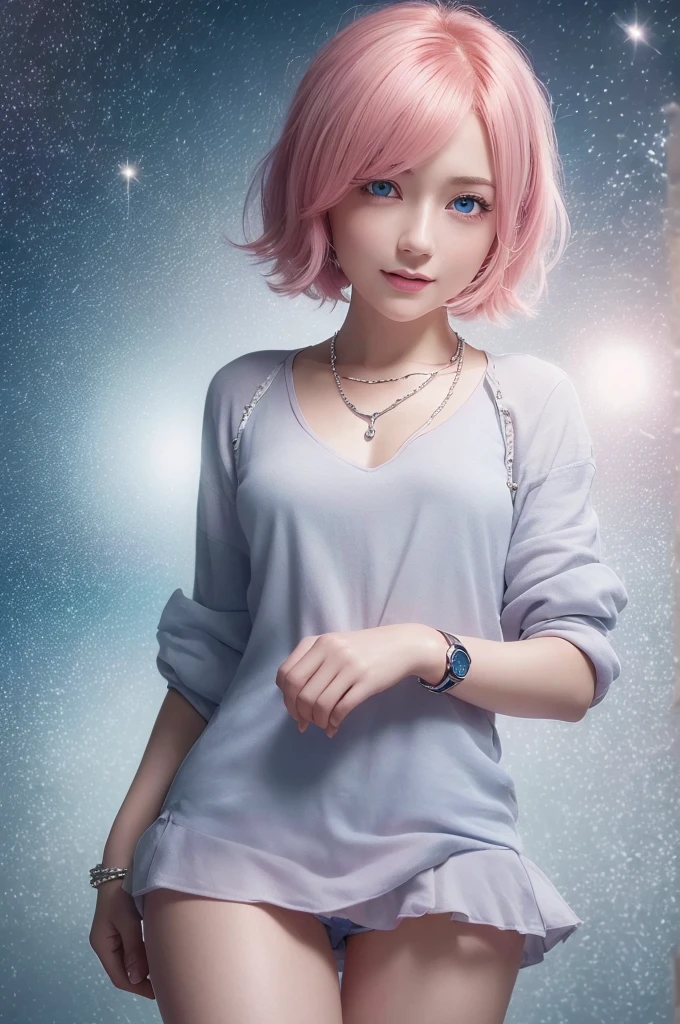 (8k high quality), (2d high quality), (high anime quality), (beautiful young girl), (beautiful face), (shining, short pink hair), (galaxy blue eyes, almond shape eyes), (shining smooth skin), (beautiful thin eyebrow), (beautiful wristwatch), (beautiful silver necklace with heart pendant), (beautiful white school uniform), (grinning)