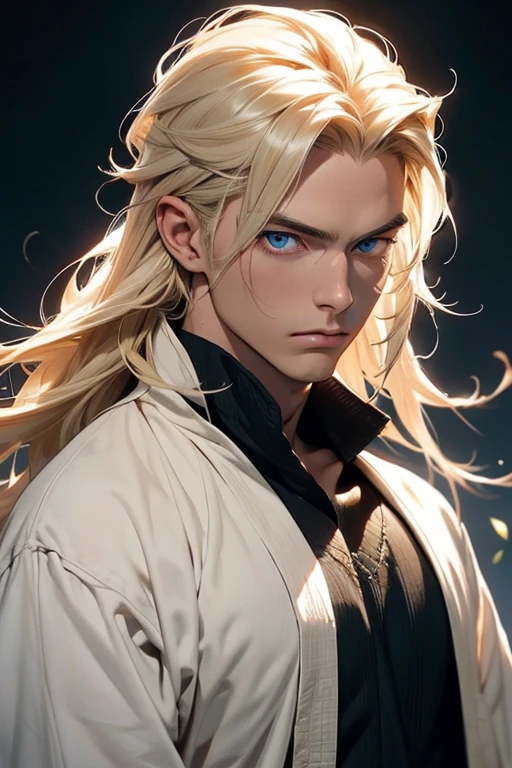 A man with flowing blonde hair and striking heterochromatic eyes, A swordsman with a supple body、High-ranking swordsman's black armor