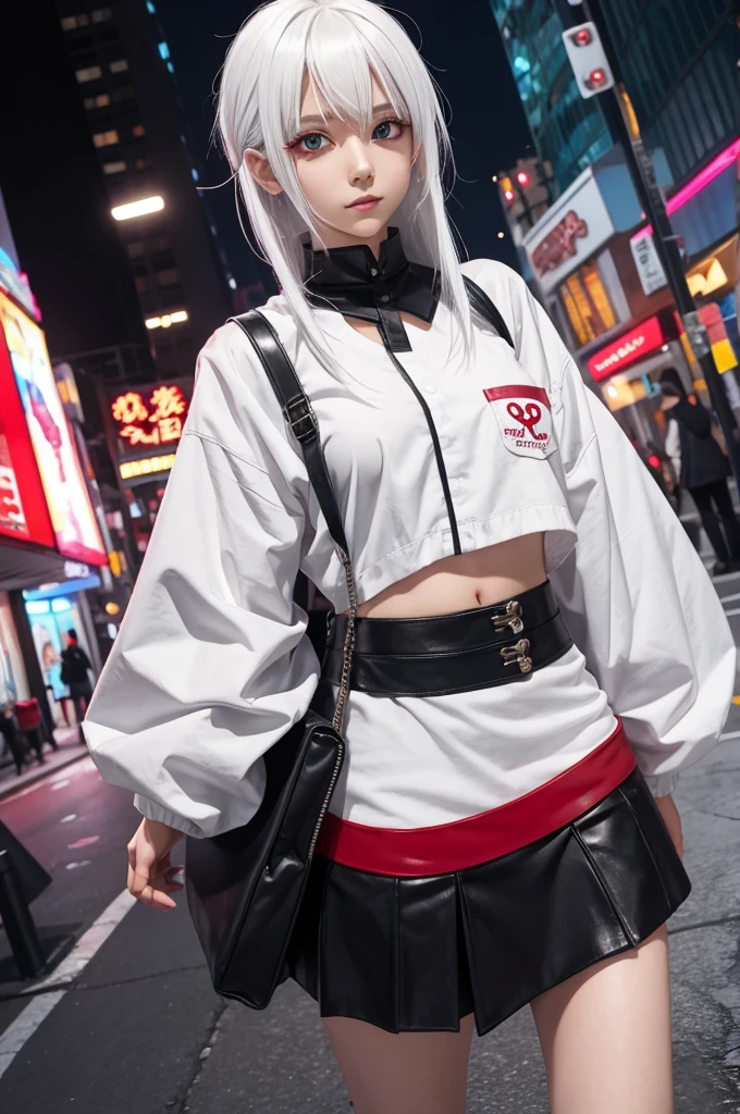 anime girl, white hair. red eye. mini skirt.