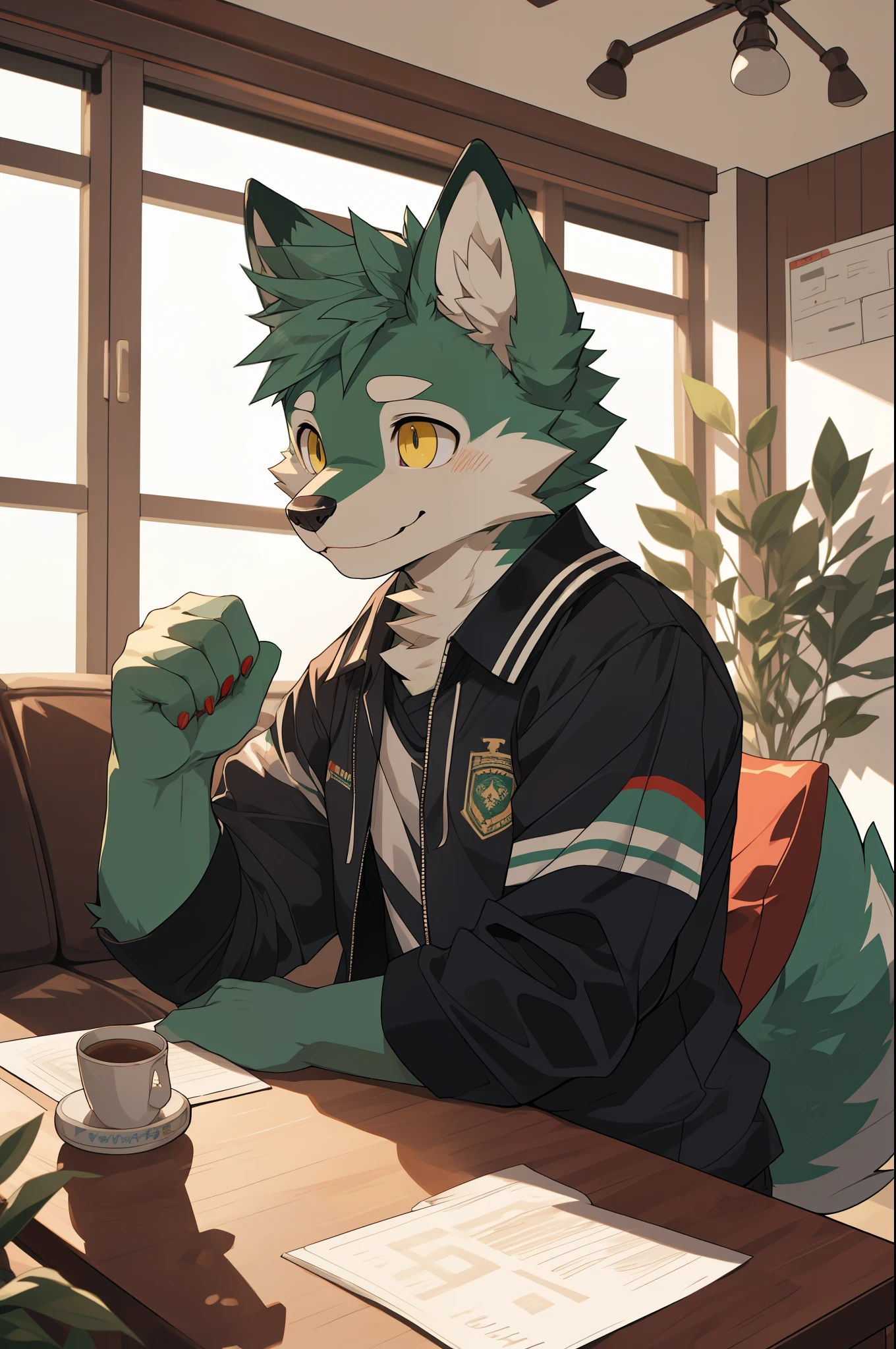 (highest resolution, Dynamic HDR, 4K, full HD) , furry, 18 years old, green fur wolf, green body, yellow_eyes, Random clothes, shrink, upper body, round_cornea, thin, Sad smiling face, student, cute, living room