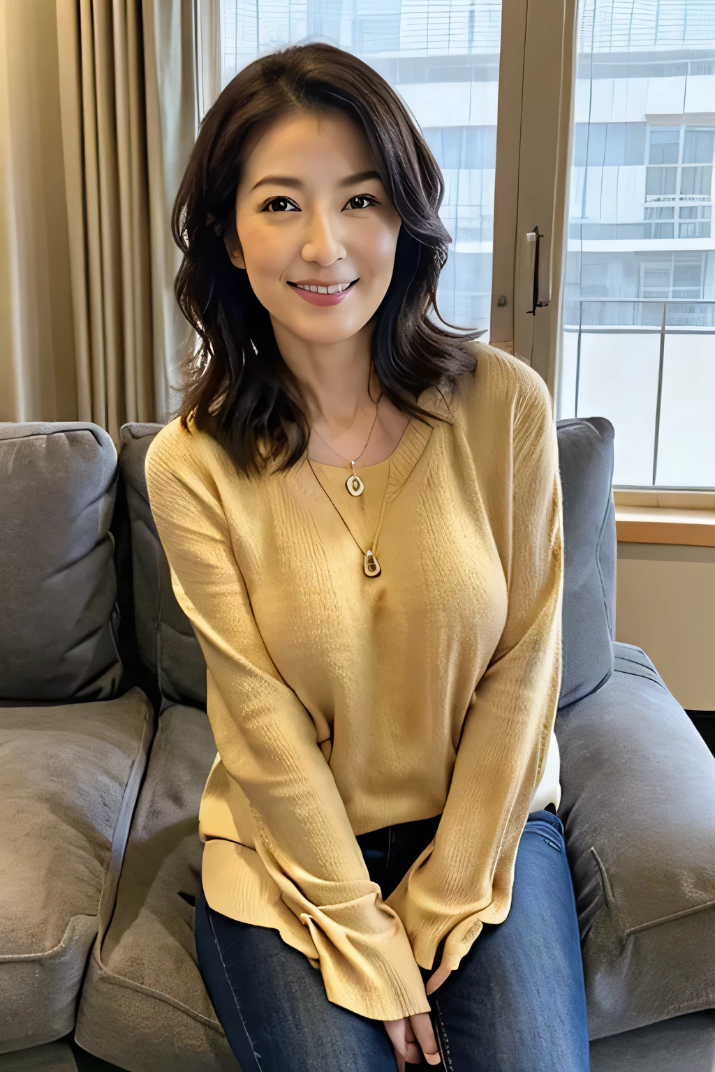 8K, high quality, Realistic Photographic Images, 40 years old, Japanese women, Pure girl, Large Breasts, Narrow waist, ((Sexy and cute wife)), Natural and realistic eyes, Beautiful black hair, light makeup,, Golden ratio composition, Disheveled casual clothes, Winter clothes, beige, Western-style living room,, Characteristics of a Pure Japanese Person, Full body photo, smile