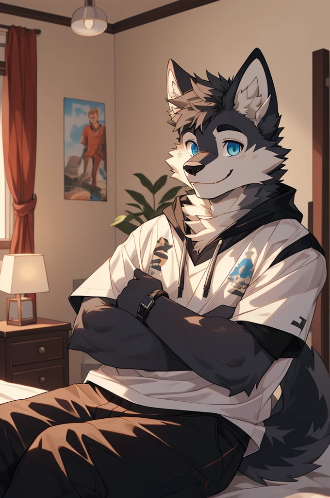 (highest resolution, Dynamic HDR, 4K, Full HD) furry, 18 years old, be happy, gray fur wolf, Tall figure, gray figure, blue eyes, black eyebrows, Random clothes, A smile on his face., resting, bedroom, upper body, handsome, round_cornea, Nerd, Dark face, warm