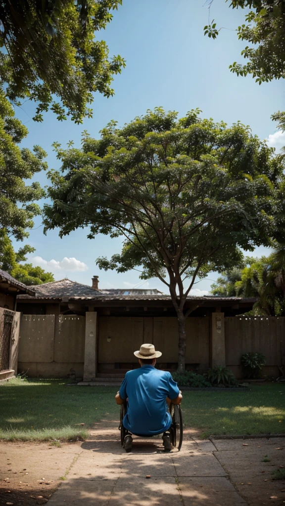 a wise old man sat under a shady tree, observing the world around him. It was then that he noticed a tiny ant carrying a massive burden on its back, 4k realistic imagery, blue scenery like a movie scene, old american setting, inspired by blade runner movie scene, blue tone,