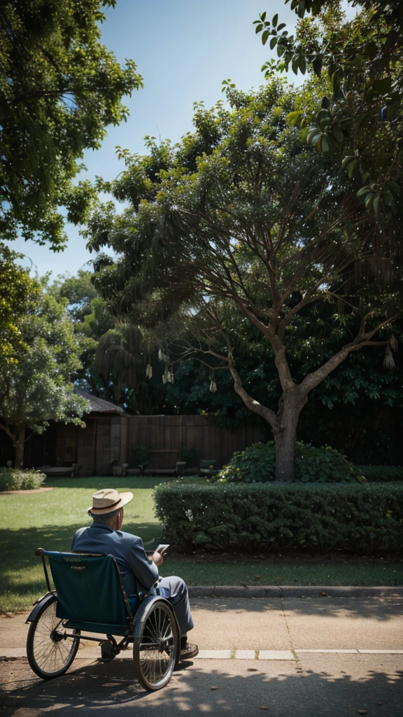 a wise old man sat under a shady tree, observing the world around him. It was then that he noticed a tiny ant carrying a massive burden on its back, 4k realistic imagery, blue scenery like a movie scene, old american setting, inspired by blade runner movie scene, blue tone,