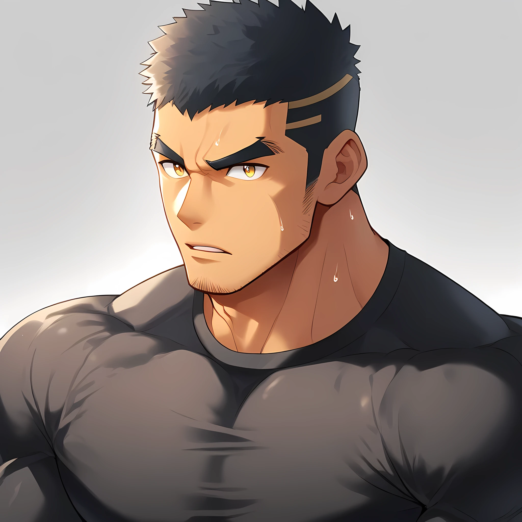anime characters：Gyee,  Deep black skin, Muscle Sports Student, 1 muscular tough guy, Manliness, male focus, Close-up of the side, Light yellow high collar long sleeve tight T-shirt, Very tight, The clothes were soaked with sweat, The pectoral muscles are oversized, Slightly transparent, muscular male, muscular, only, Upper body, alone, Black short hair, Thick eyebrows, stubble, Yellow eyes, Grey background, simple background, amazing quality, best aesthetics, Ridiculous, bright pupils, crew cut, parted lips, v-shaped eyebrows, jitome, disdain, drop shadow, best quality