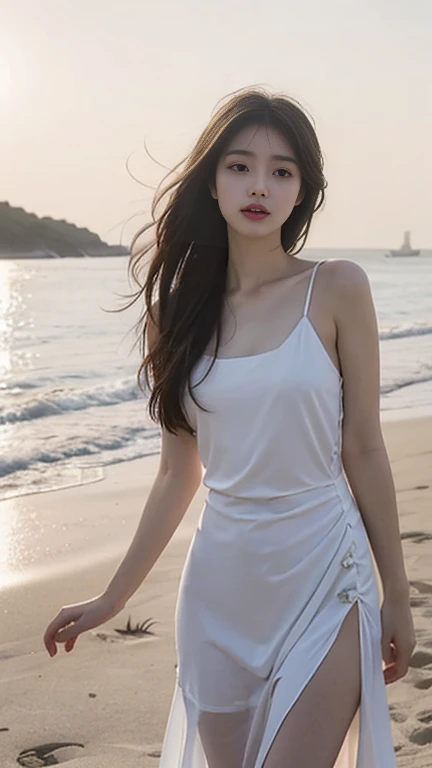 1 Girl,beach,Soft Light,Chinese Beauty,dress without sleeve,Dark-haired,Length of hair