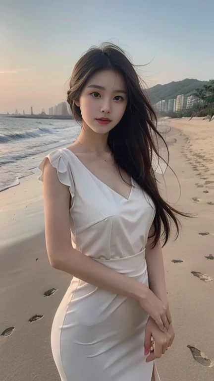 1 Girl,beach,Soft Light,Chinese Beauty,dress without sleeve,Dark-haired,Length of hair