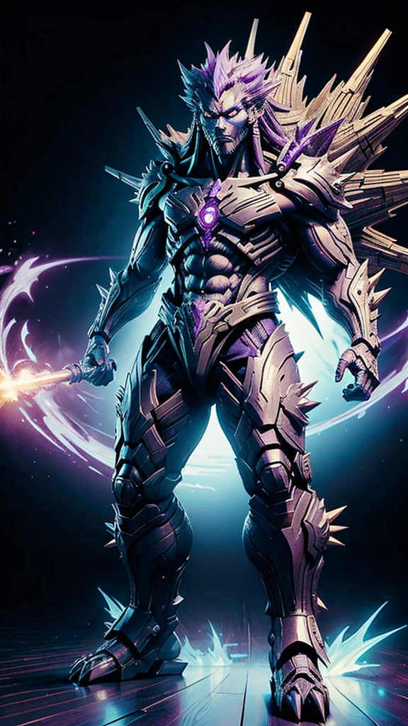 Humanoid kaiju with long spiky hair Muscular Man Male Straight Purple energy 