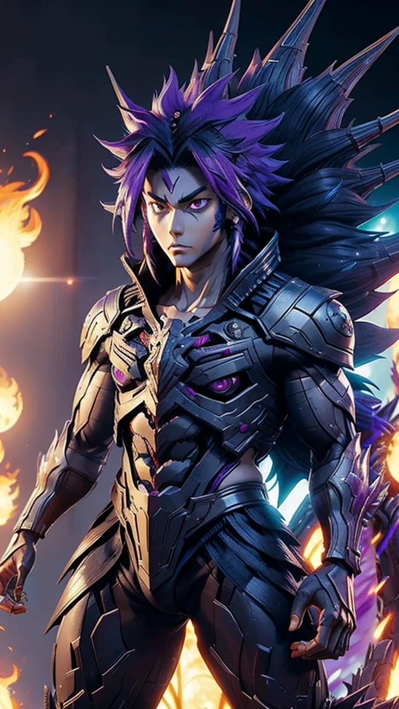 Humanoid kaiju with long spiky hair Muscular Man Male Straight Purple energy 