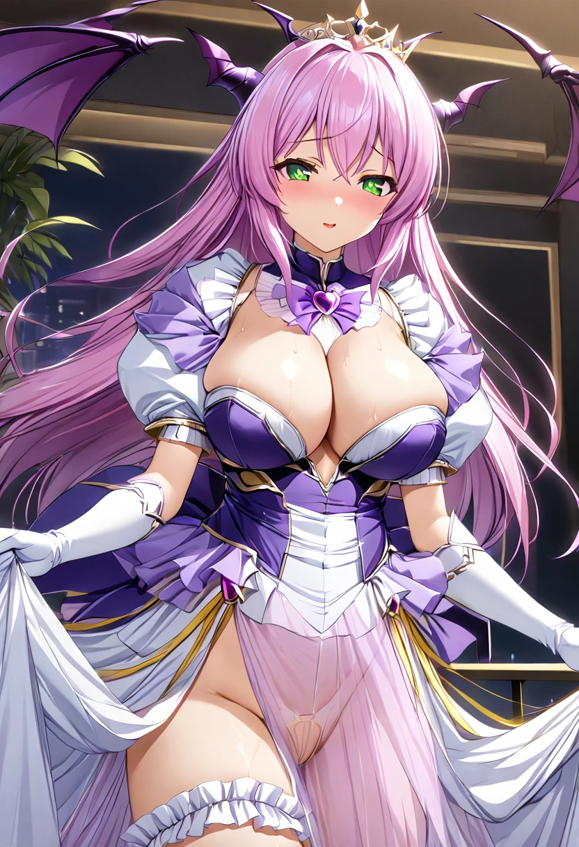 ((masterpiece)), Highest quality, Very detailed,(One Girl),Finafam Earth Light、Finafam Earth Light, Green Eyes, Long Hair, Purple Hair, dress, gloves, jewelry, Cleavage, PRİNCESS,elbow gloves,tiara,brooch,white gloves,Beautiful background, chest, Bent body,Lie in, The dress is falling apart, Look to the side, Worried face, The female genitals are in full view, Drunk look, Hot body、Sweaty、 Browsing Caution, NSFW, (((Falling into Pleasure))), (((corruption))), Fina succumbs to pleasure and transforms into a demon, Fina morphing into succubusform, demon girl, see through, very huge breasts, pink hair, purple eyes, symbol-shaped pupils, short pelvic curtain