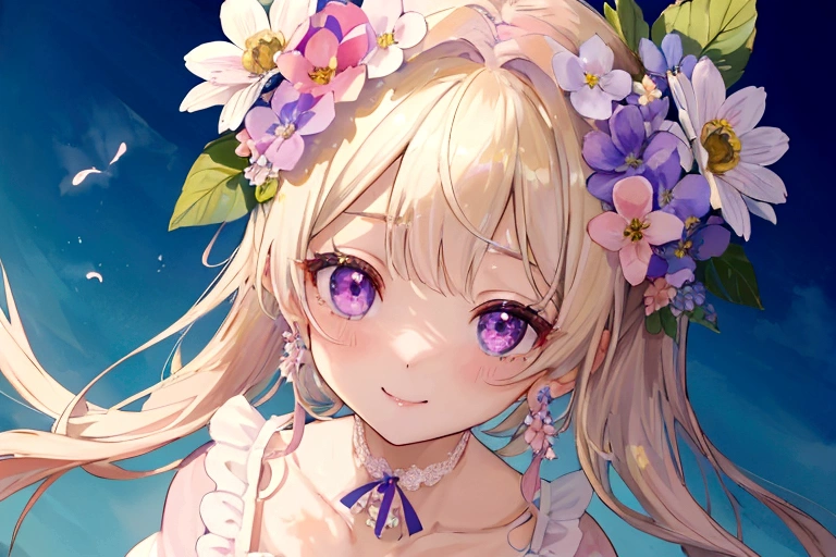 (Highest quality, masterpiece, Very detailedな, Very detailed, Exquisite, 16K,Full HD),A little closer,Golden Ratio,Dramatic lighting,pastel colour,Looks happy,fly in the sky,Soft lighting, ((alone:1.5)),(blue sky,morning sky,sunny),Magical Forest,flower,wood,flower畑,葉っぱとflowerびらが舞う,From above,((head shot)),画面いっぱいのflower,(Fairy Princess, Purple eyes, Long eyelashes,White skin,slim,pale pink plump lips,Pale pink cheeks, The wind is blowing,blonde,thin and long,(thin and high nose,Small Nose),(腰の少しFrom above巨大な妖精の羽),flowerの魔法,flowerのティアラ,Diamond Earrings,Diamond Choker,flowerびらをモチーフにしたflower付きホワイトボールガウンドレス, Lace and frills,(smile:1.2), (Fantasy, Romantic atmosphere),