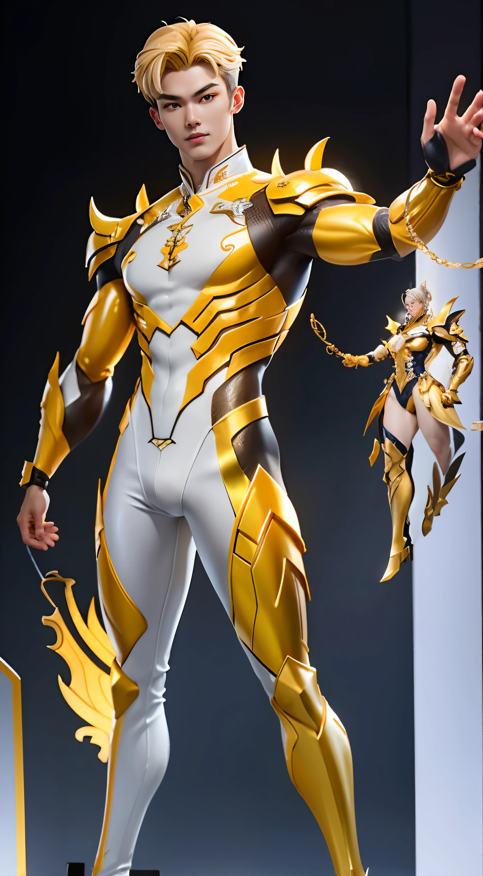 Sculpture Design,number,GK model,((All characters' bodies)),decorate,Reveal your muscles,Increase sexiness(exquisite base),Wu Shisun,transparent material,note,White and yellow complement the outfit.,Handsome young cybernetic man looking at camera underwear detailed masterpiece of muscular reality.,Have muscles
