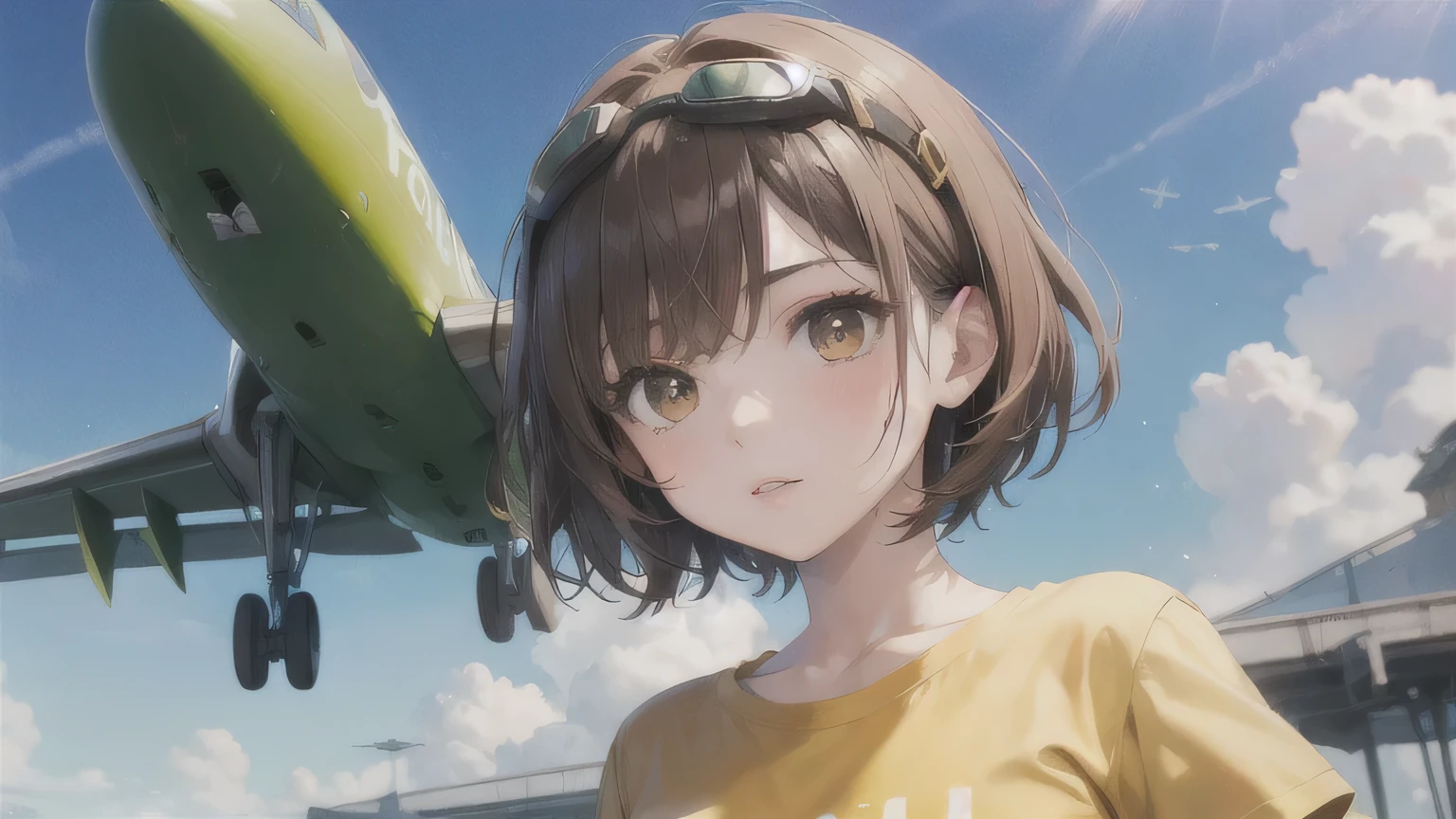 Brown Hair、One Girl,20-year-old,Beautiful Face,Upper Body、Sharp focus,Yellow T-shirt、short hair、Flying Goggles、Brown eyes、plane