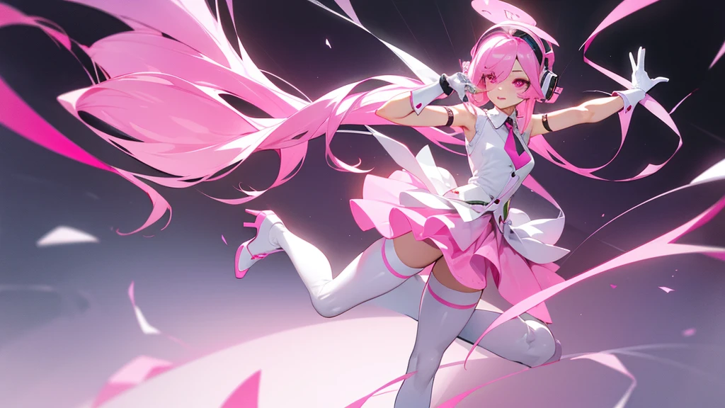 A woman with pink hair, long hair, has robotic headphones and pink eyes, has a cute face, wears a white sleeveless shirt with a pink skirt.  There's a pink tie. Wear white gloves, pink cuffs, and long white stockings. Pink high heels Standing and posing like an idol