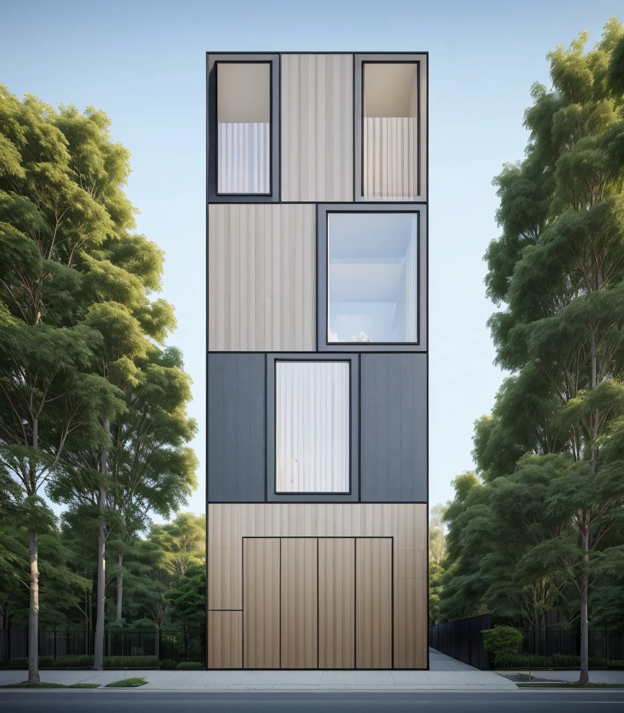 Modern townhouse, urban area, featured, residential area, city street, nearby trees, bright daylight, by James Gurney, realism, digital painting, architectural rendering, tones Neutral colors with vivid accents, Unreal Engine, 8k, super detailed, high resolution