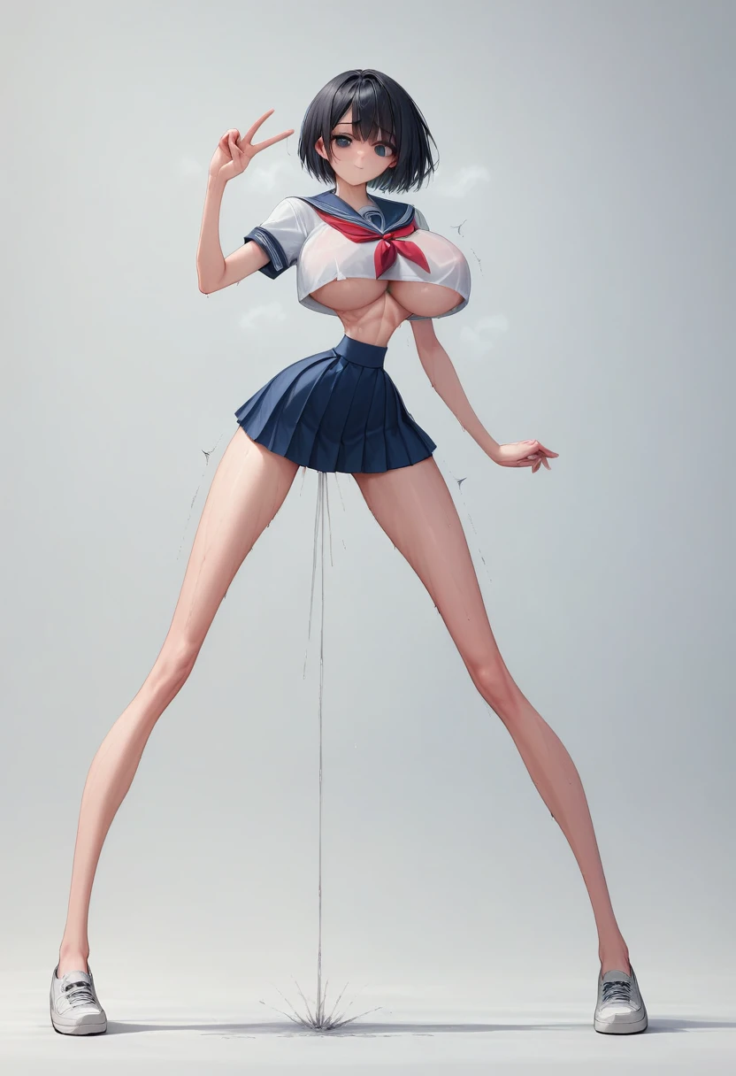 (masterpiece, best quality:1.2), Shader, High contrast, behind shot, 1girl, kawaii, (super big breasts, micro waist, very long legs:1.5), Firm , Black hair, short bob hair, short height, scrawny and thin body, Light Skin, cute big eyes, cute beautiful thin face, serafuku, pigeon-toed, wet and sweaty, visible ribs, sex with ejaculating super big penis man, ugly big man is big hands, Cowgirl position, beautiful pussy, she V sign, Trembling