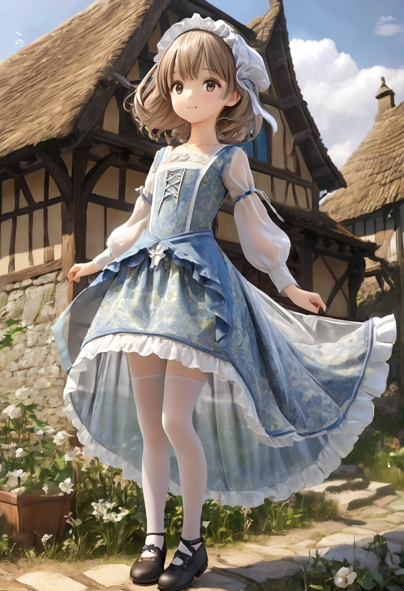 10 year old girl underwear, Realistic panties made from patterned cotton fabric, Medieval one-piece dress with panniers, Fabric Realism, Low - Angle, You can see the drawer, Pull up the dress by hand, Strong winds, Translucent slip, Translucent slip, tights, Highest quality, Crotch close-up, whole body、Wearing bloomers
