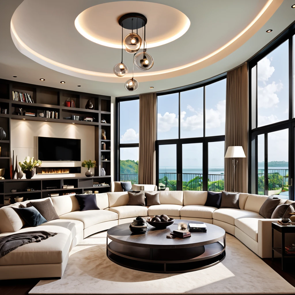 Design a luxurious and modern living room with high ceilings and a sophisticated aesthetic. The room features a large sectional sofa with a mix of neutral and dark pillows, a stylish round coffee table, and a sleek entertainment center with built-in shelving. The space is illuminated by elegant circular pendant lights hanging from the ceiling. Large floor-to-ceiling windows allow natural light to flood the room, highlighting the contemporary decor and creating an inviting atmosphere. Add a few decorative items and books on the shelves to enhance the sophisticated feel.