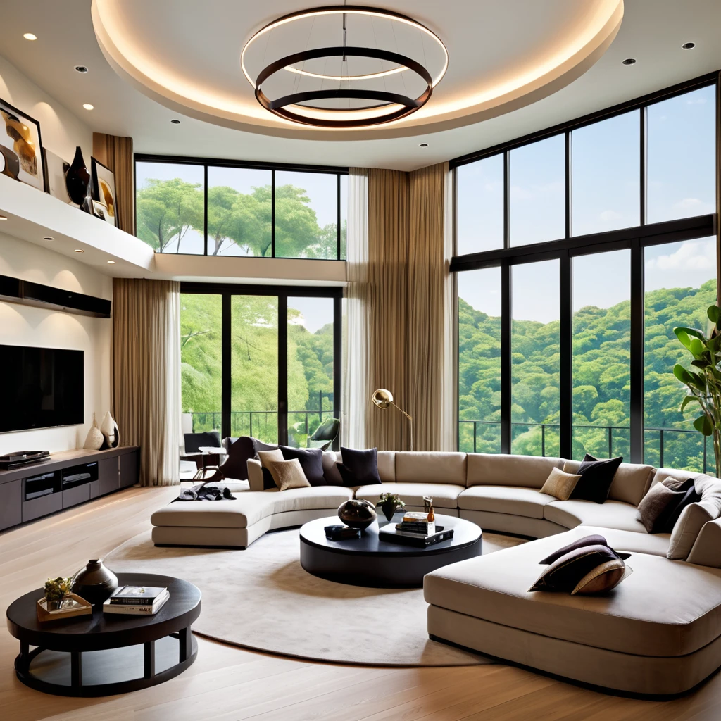 Design a luxurious and modern living room with high ceilings and a sophisticated aesthetic. The room features a large sectional sofa with a mix of neutral and dark pillows, a stylish round coffee table, and a sleek entertainment center with built-in shelving. The space is illuminated by elegant circular pendant lights hanging from the ceiling. Large floor-to-ceiling windows allow natural light to flood the room, highlighting the contemporary decor and creating an inviting atmosphere. Add a few decorative items and books on the shelves to enhance the sophisticated feel.