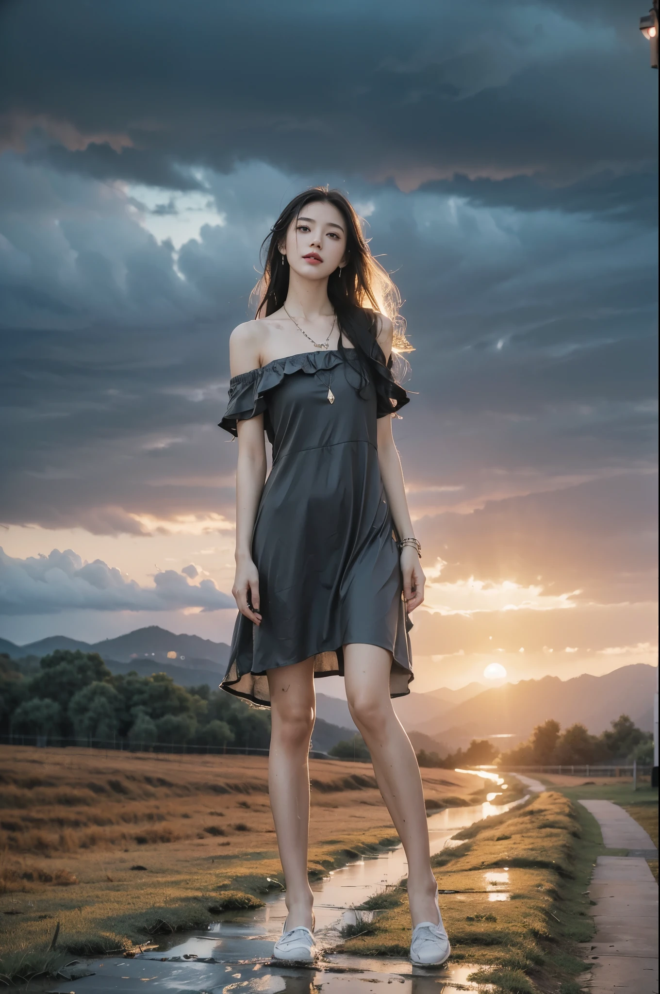 (((best quality))),(((ultra detailed))),(((masterpiece))),illustration,((1 beautiful girl,solo)),((slim,thin,flat chest)),(shoulder length straight hair:1.2),flowing hair,fair skin,(shiny skin:1.3),detailed eyes,laughing,(shirt-dress:1.3),delicate necklace,grass,dewdropletts,trees,bird chirping,serenity,gratitude,awe,wonders of nature,peace,contentment,magnificent world,summer,(pitch-dark dawn:1.5),(night scene:1.3),((full body,from front)),after rain,(wet:1.3),standing,on the path,At the mountaintop,confident gaze,elegant posture,mysterious atmosphere,solemn mood,dawn approaching,detailed decorations,(sunrise:1.3),(cloudy sky:1.2),rainbow,(Rural Landscape:1.2),horizon,slender legs,sneakers