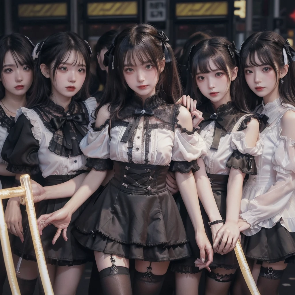 8K resolution, surreal, Super detailed, high quality, perfect anatomy, jammed, (5 girls)++, group shot, grin, smiling, Phenomenally cute, perfect proportion, full body, (((shiny black satin, high neck, jirai fashion, short dress with many frills, Lace, micro mini skirt, bow ribbon)))+, (((bleached hair)))+, large breasts, ((crowded with girls)), laying, ((At the middle of most crowded Shibuya Scramble Crossing at late night:1.2)), ((see-through black thighhighs))+